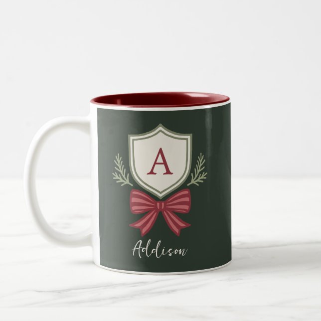 Personalised Monogram Initial Name Bow Christmas Two-Tone Coffee Mug (Left)