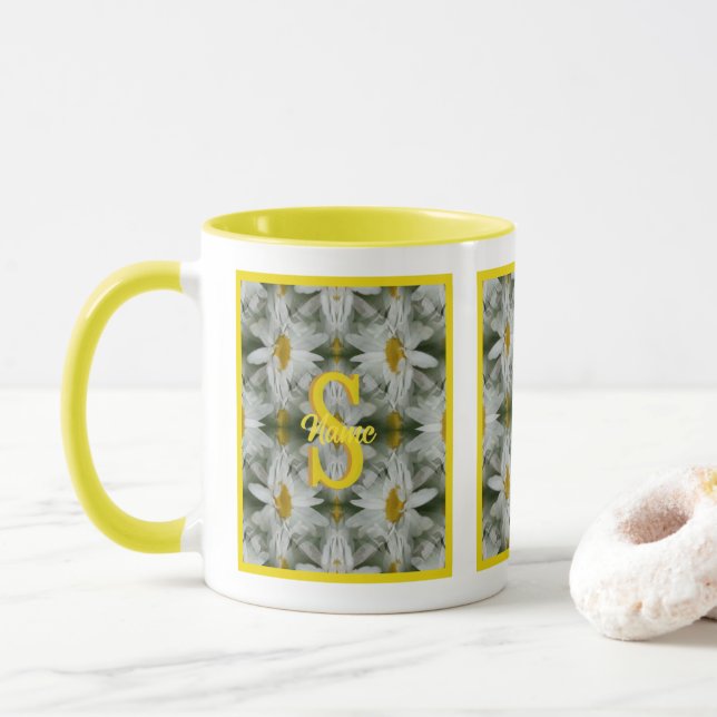 Personalised Monogram Initial Name Daisy Art Mug (With Donut)