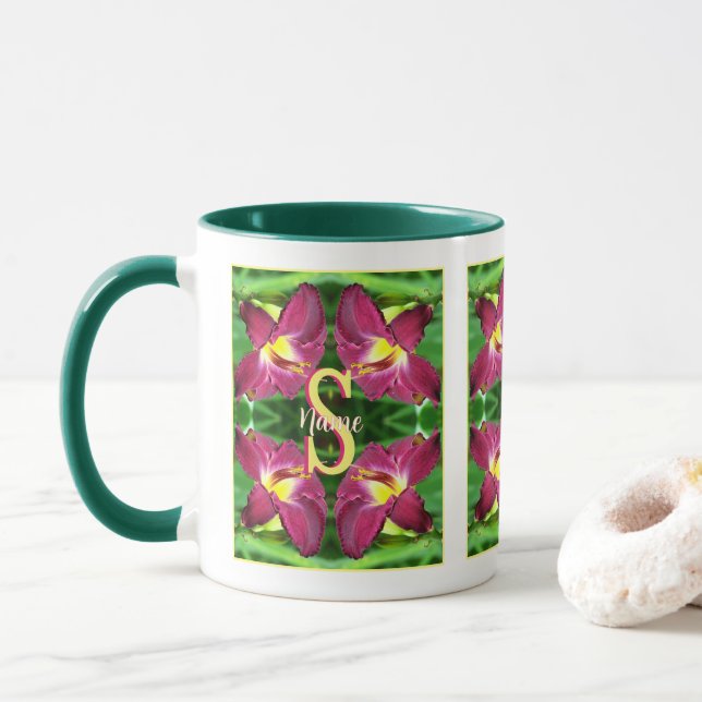 Personalised Monogram Initial Name Daylily Art Mug (With Donut)