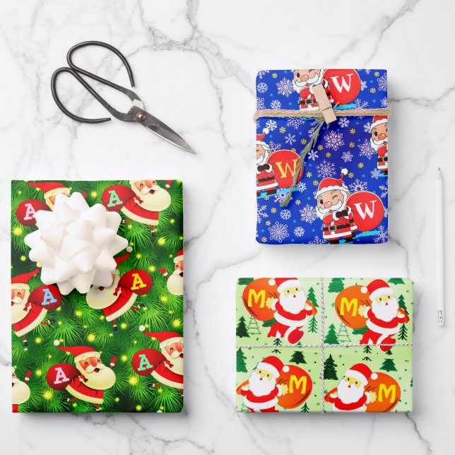 Personalised Monogram Initial on Santa Claus Bag Wrapping Paper Sheet (Front)