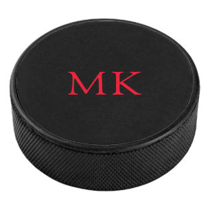 Personalised Monogram Initials Modern Black Red Hockey Puck