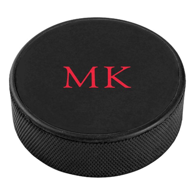 Personalised Monogram Initials Modern Black Red Hockey Puck (3/4)