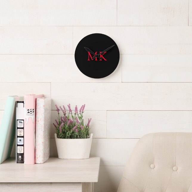 Personalised Monogram Initials Modern Black Red Round Clock (Reading Room)