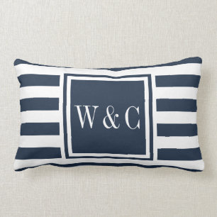 Personalised Monogram Initials Navy Blue Stripe Lumbar Cushion
