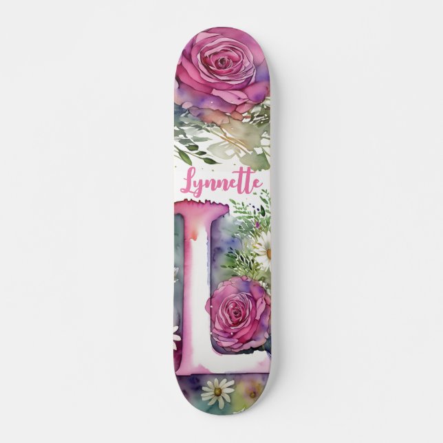 Personalised Monogram L Colourful Watercolor Flowe Skateboard (Front)