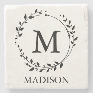 Personalised Monogram Leafy Wreath Stone Coaster
