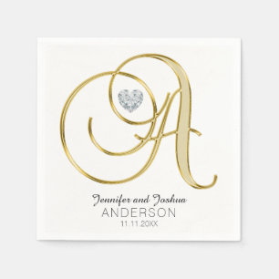 Personalised Monogram Letter 'A Gold White Wedding Napkin