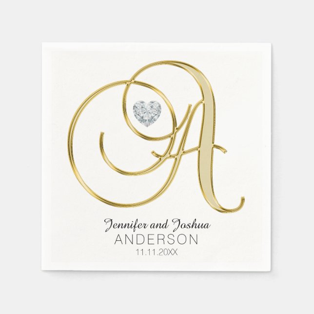 Personalised Monogram Letter 'A Gold White Wedding Napkin (Front)