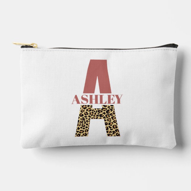 Personalised Monogram Letter A Pink Leopard print Accessory Pouch (Front)