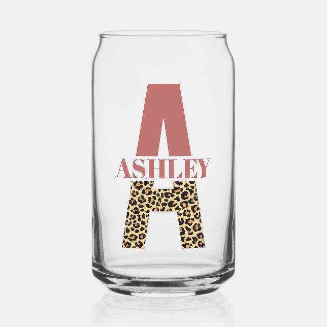 Personalised Monogram Letter A Pink Leopard print Can Glass (Front)