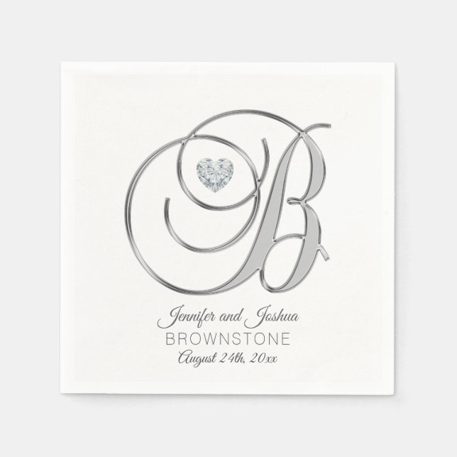 Personalised Monogram Letter B Silver Wedding Napkin (Front)