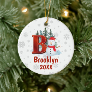 Personalised Monogram Letter B Snowman Ceramic Tree Decoration