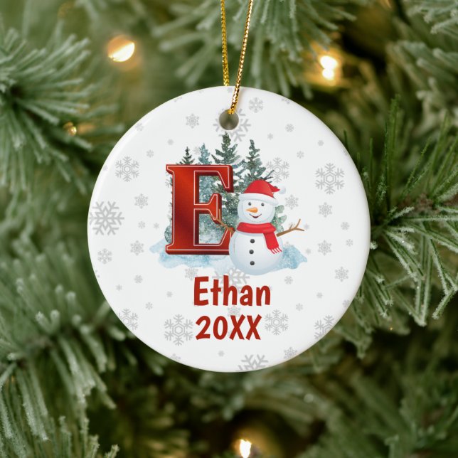 Personalised Monogram Letter E Snowman Christmas Ceramic Tree Decoration (Tree)