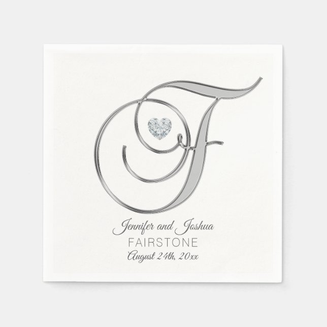 Personalised Monogram Letter F Silver Wedding Napkin (Front)
