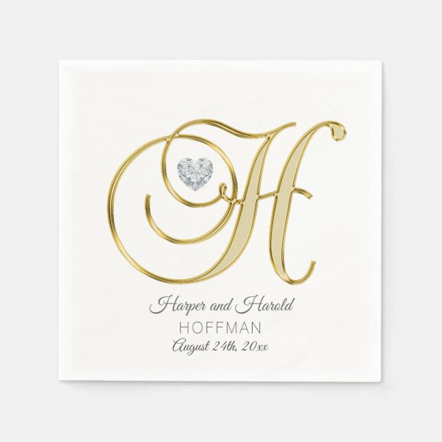 Personalised Monogram Letter H Gold Wedding Napkin (Front)