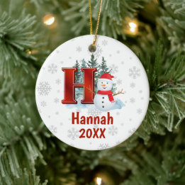 Personalised Monogram Letter H Snowman Christmas Ceramic Tree Decoration