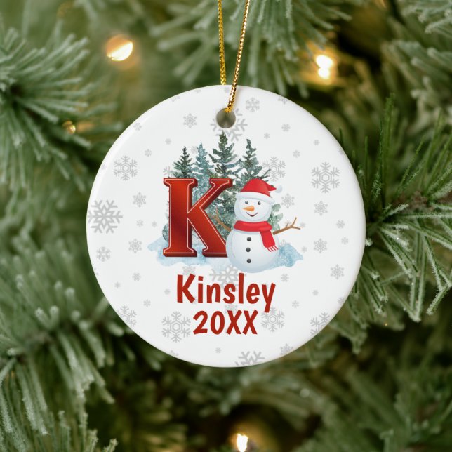 Personalised Monogram Letter K Snowman Christmas Ceramic Tree Decoration (Tree)