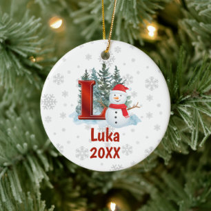 Personalised Monogram Letter L Snowman Christmas Ceramic Tree Decoration
