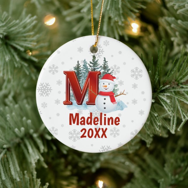 Personalised Monogram Letter M Snowman Christmas Ceramic Tree Decoration (Tree)