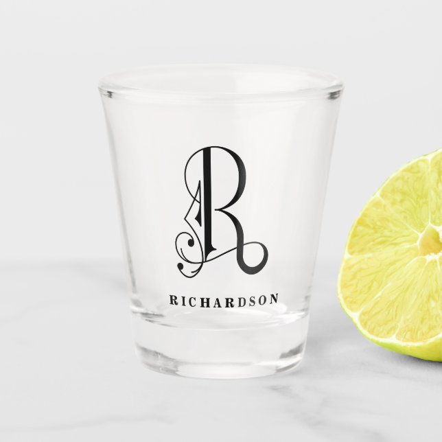 Personalised Monogram Letter R with Last Name Shot Glass (Front)