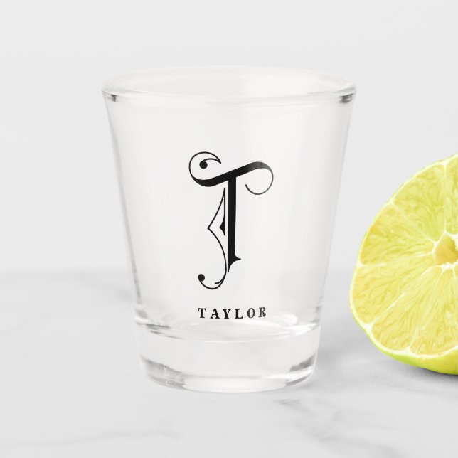Personalised Monogram Letter T with Last Name Shot Glass (Front)