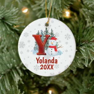 Personalised Monogram Letter Y Snowman Christmas Ceramic Tree Decoration