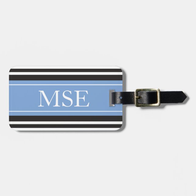Personalised Monogram Light Blue Black Stripes Luggage Tag (Front Horizontal)