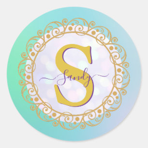 Personalised Monogram Mandala Gold and Blue Classic Round Sticker