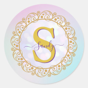 Personalised Monogram Mandala Gold and Blue Classic Round Sticker
