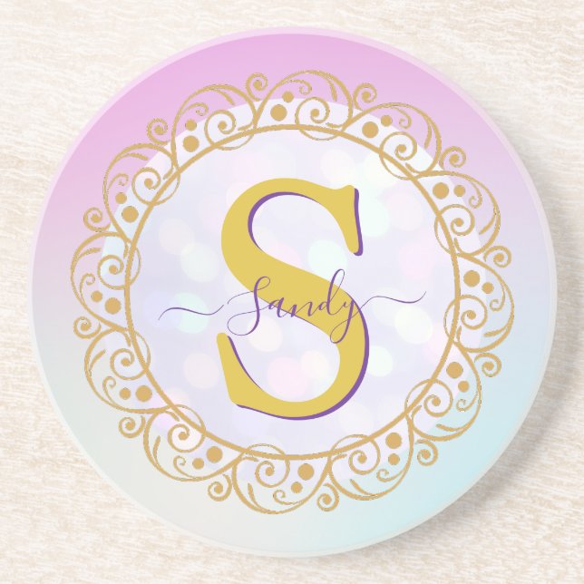 Personalised Monogram Mandala Gold and Blue Coaster (Front)