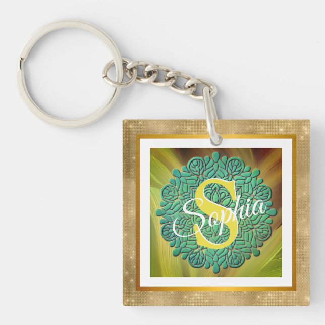Personalised Monogram Mandala Gold and Blue Key Ring (Front)