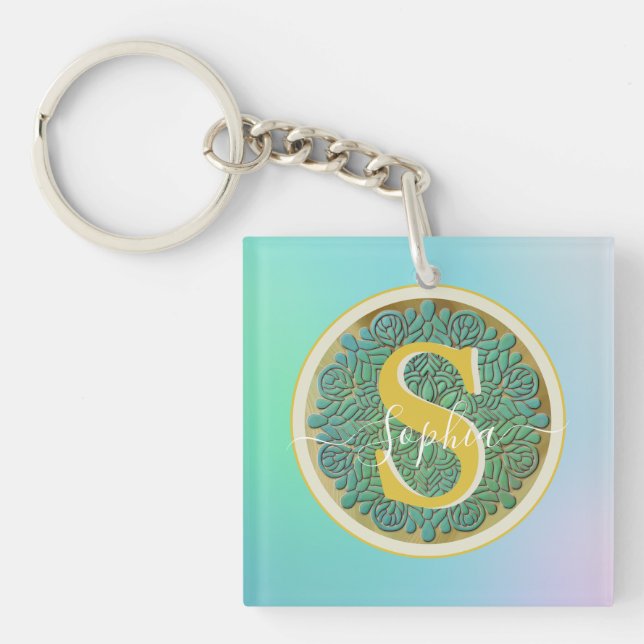 Personalised Monogram Mandala Gold and Blue Key Ring (Front)