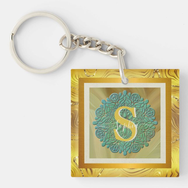 Personalised Monogram Mandala Gold and Blue Key Ring (Front)
