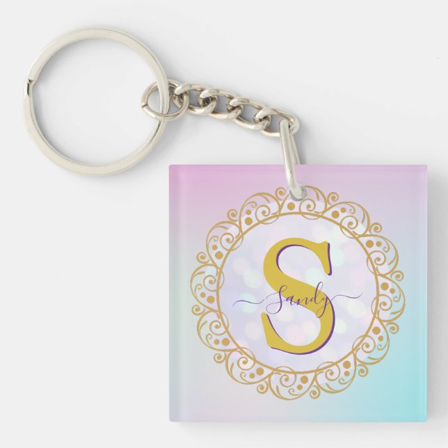 Personalised Monogram Mandala Gold and Blue Key Ring (Front)