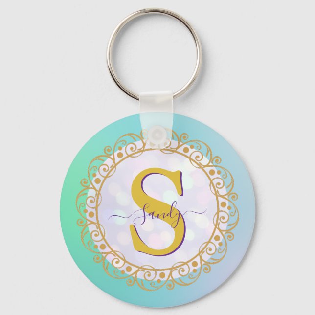 Personalised Monogram Mandala Gold and Blue Key Ring (Front)
