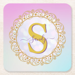 Personalised Monogram Mandala Gold and Blue Square Paper Coaster