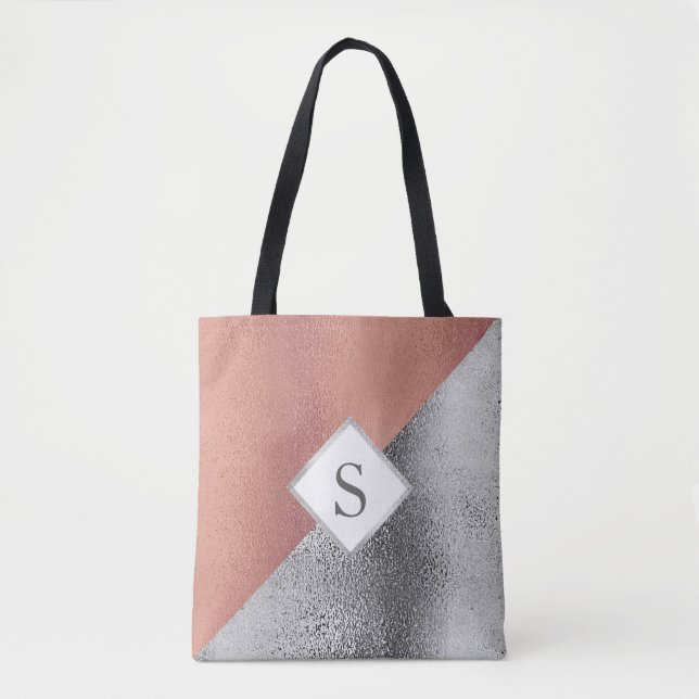 Personalised Monogram Metallic Rose Gold Silver Tote Bag (Front)