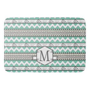 Personalised Monogram Mint Aztec Floral Pattern Bath Mat