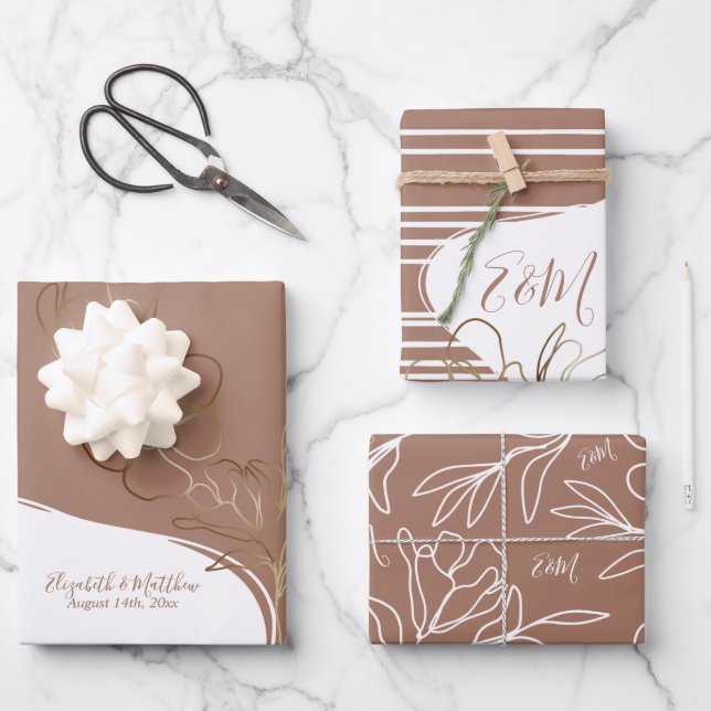 Personalised Monogram Mocha Brown Floral Wedding  Wrapping Paper Sheet (Front)