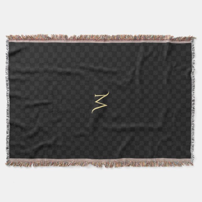 Personalised Monogram Modern Black Check Pattern Throw Blanket (Front)
