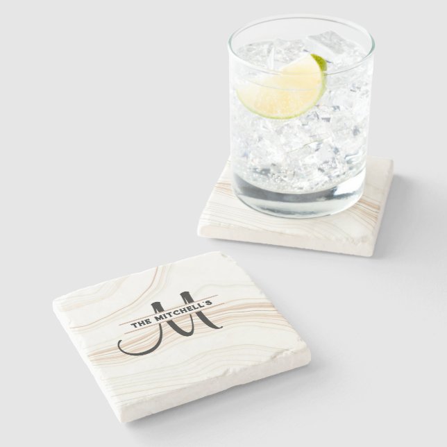 Personalised Monogram Modern Carrara Marble White  Stone Coaster (Side)