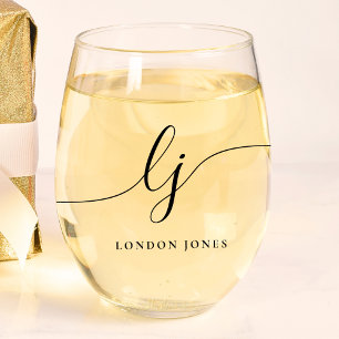 Personalised Monogram Modern Script Initials Name Stemless Wine Glass