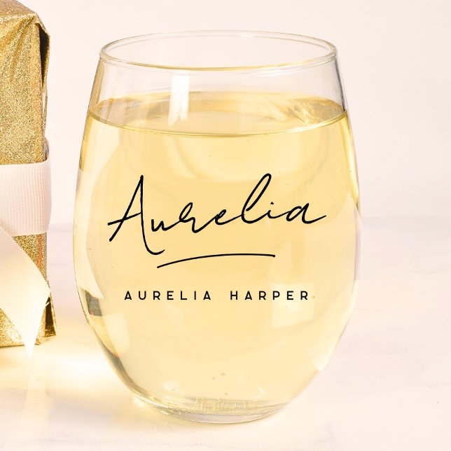 Personalised Monogram Modern Script Signature Name Stemless Wine Glass (Creator Uploaded)