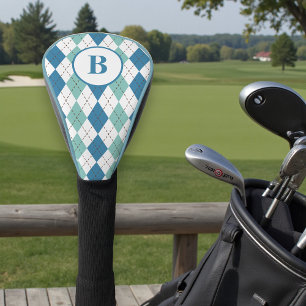 Personalised Monogram Modern Teal Argyle Pattern Golf Head Cover