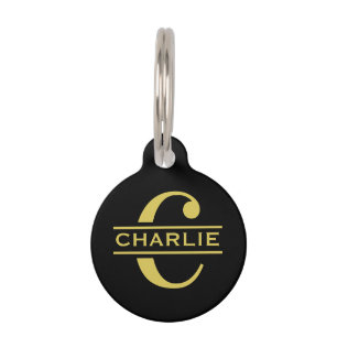 Personalised Monogram Name Black And Gold Dog Cat Pet Tag