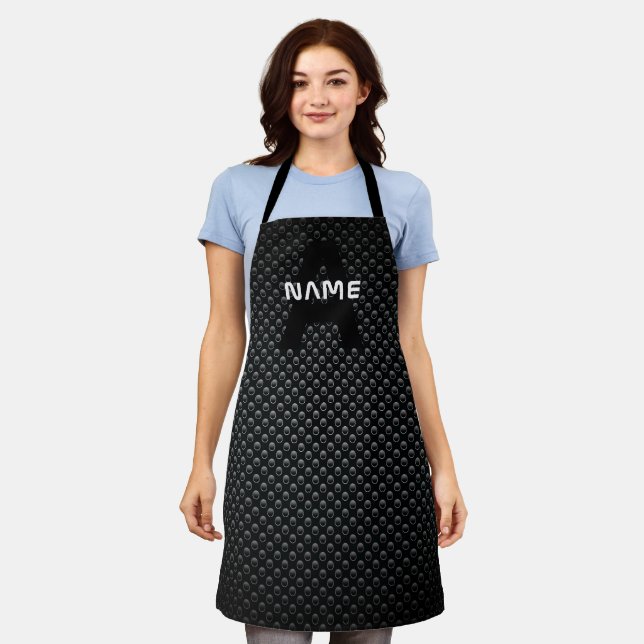 Personalised Monogram Name Black and White Texture Apron (Worn)