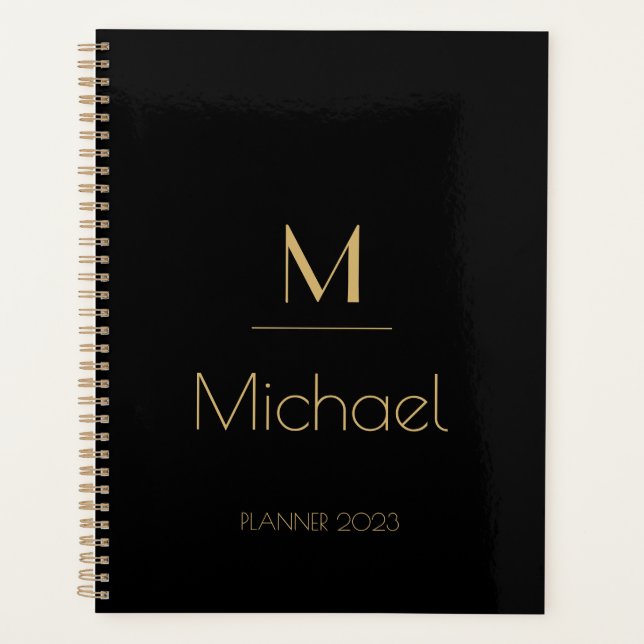 Personalised Monogram | Name Black & Gold  Planner (Front)