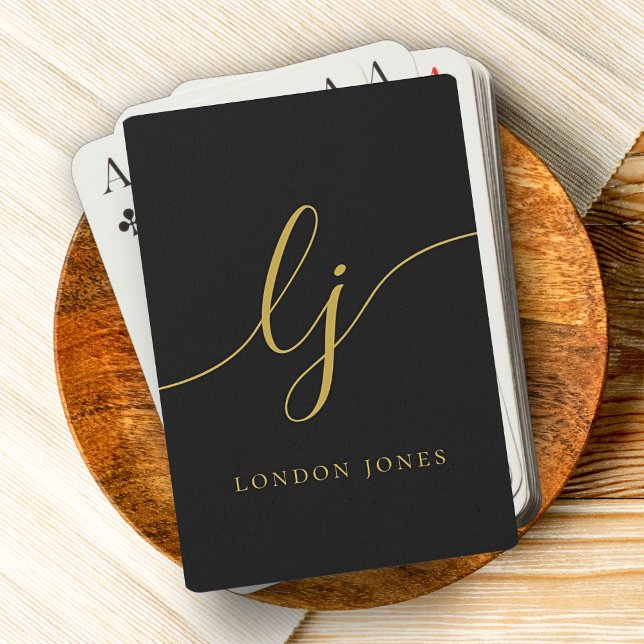 Personalised Monogram Name Black Gold Playing Cards (Creator Uploaded)