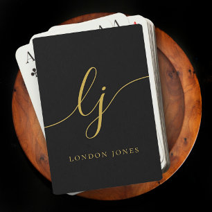 Personalised Monogram Name Black Gold Script Playing Cards