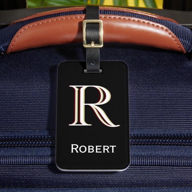 Personalised monogram name black white luggage tag (Front Insitu 2)
